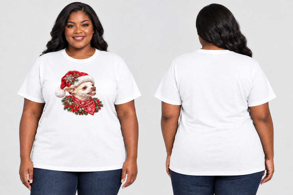 Same plus-size Black model wearing the white Coco Christmas tee, front and back