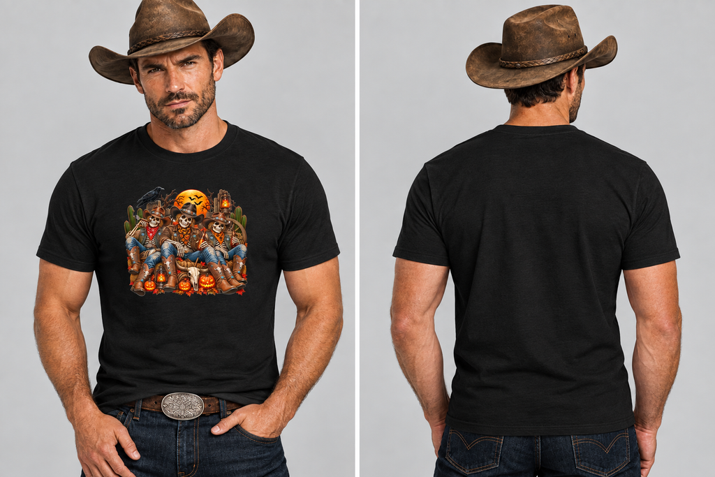 Same rugged cowboy wearing the black tee, close-up front and back with new poses