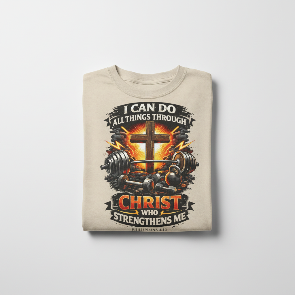 Sand Christian gym tee folded