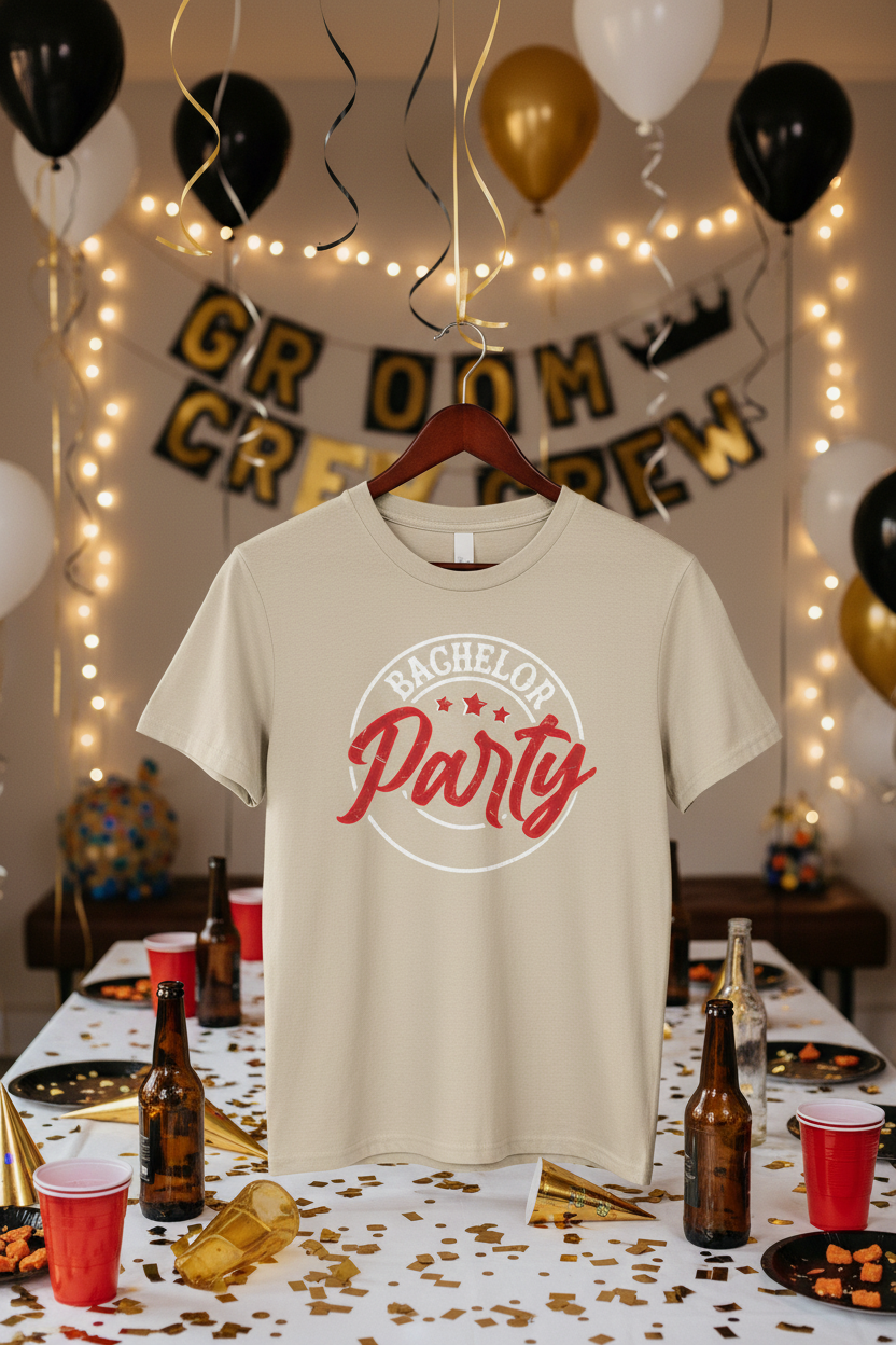 Sand vintage retro groom crew tee on hanger in party room