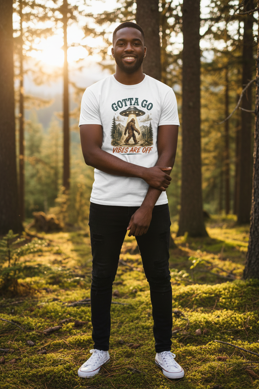 Sasquatch Exit Strategy - Black Man White Tee