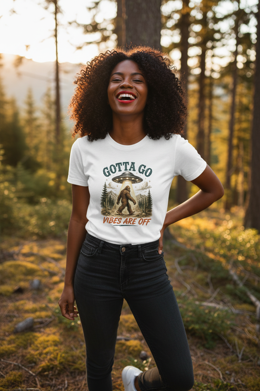 Sasquatch Exit Strategy - Black Woman White Tee