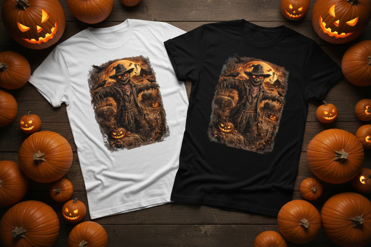 Scarecrow Tees Side by Side with Pumpkins