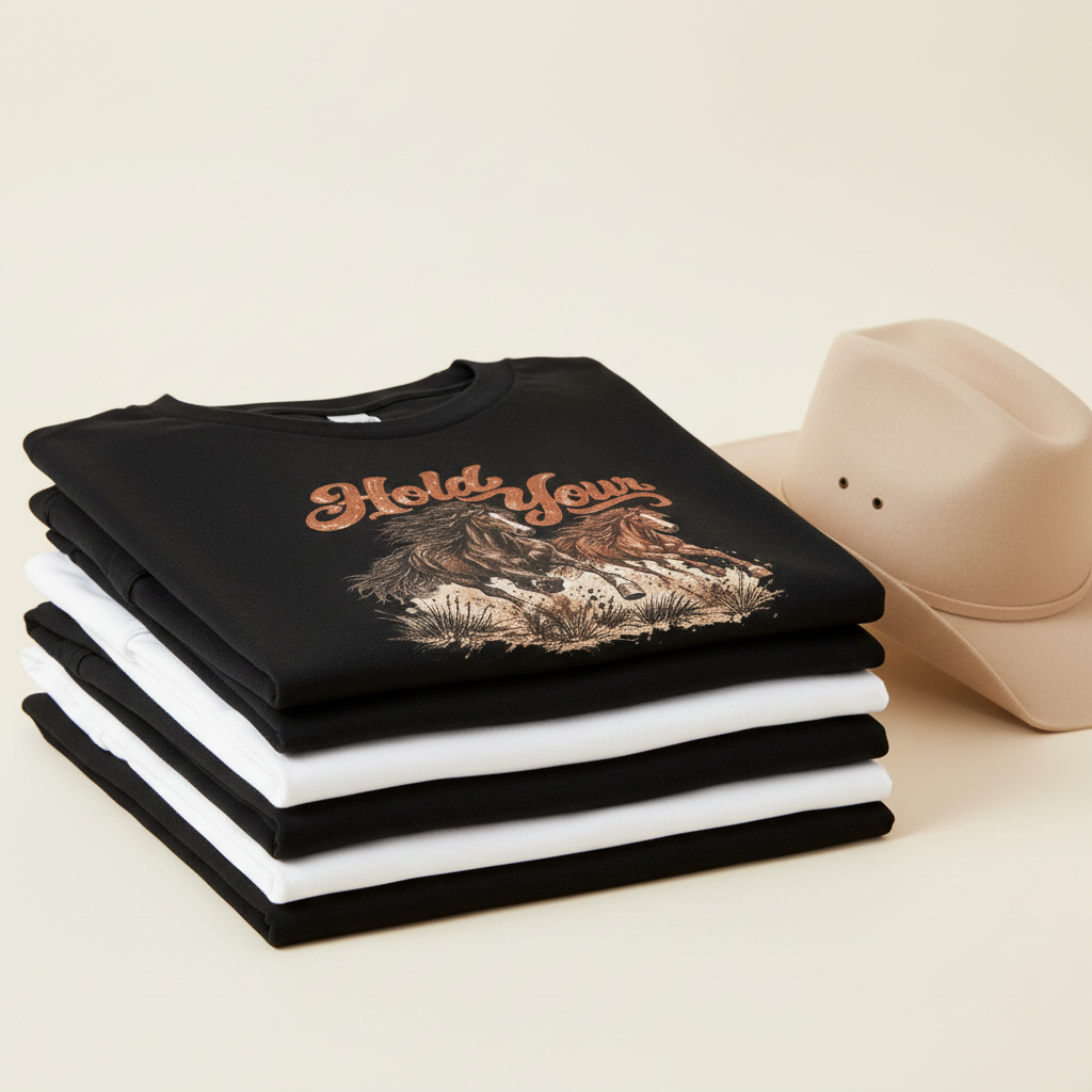 Sharp close-up of stacked western graphic tees with a cowboy hat