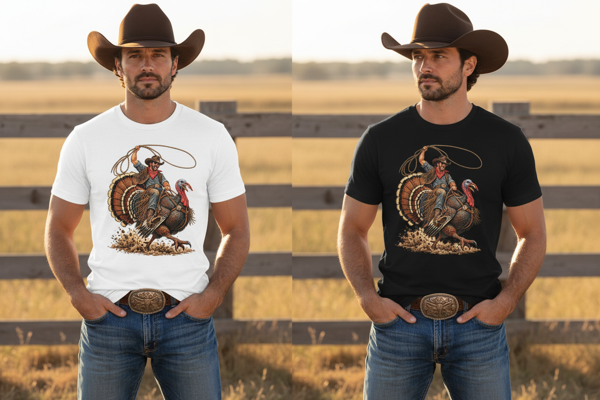 Side by side comparison of the cowboy wearing the white and black Wild Turkey Rodeo tee