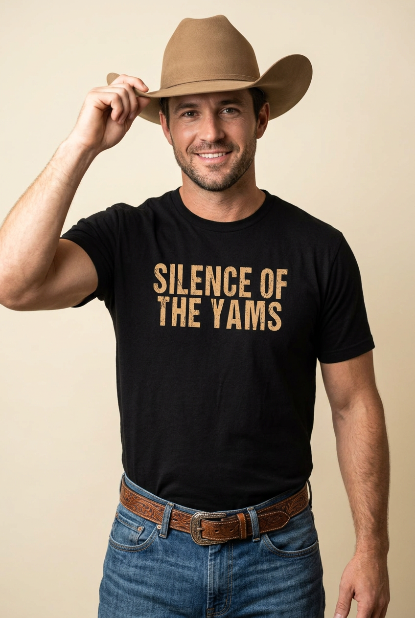 Silence of the Yams black tee, hat-tip pose