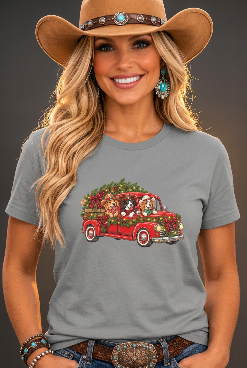 Single close-up gray tee cowgirl mockup with bold studio lighting