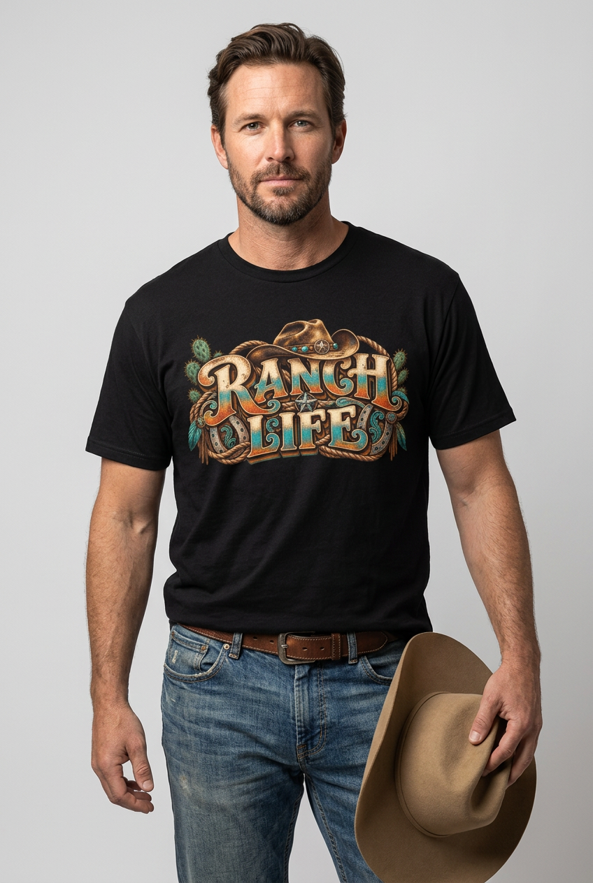 Single cowboy studio portrait wearing the black Ranch Life tee