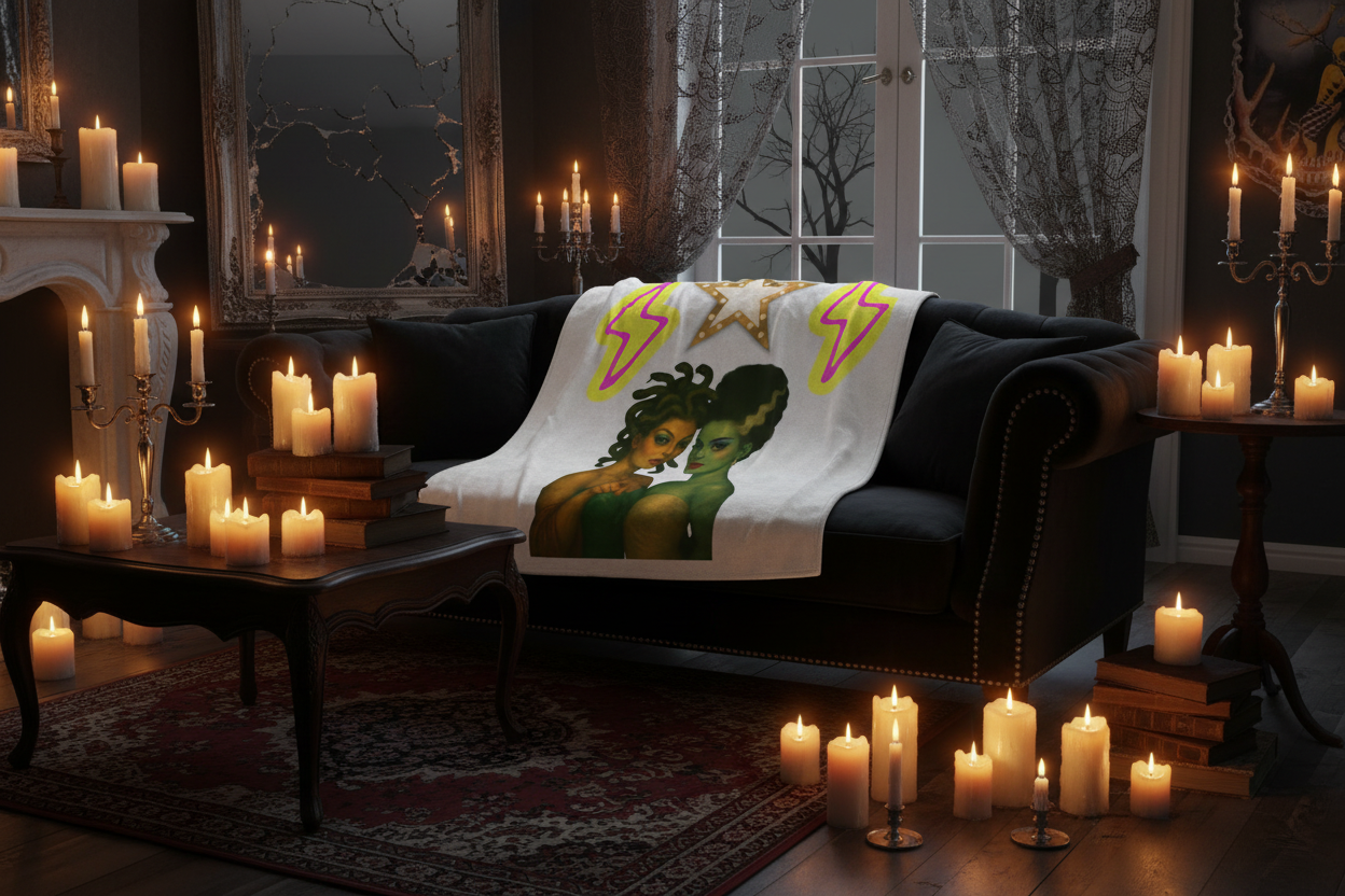 Sisters of the Night Horror Blanket - Black Couch Candles Spooky Mockup