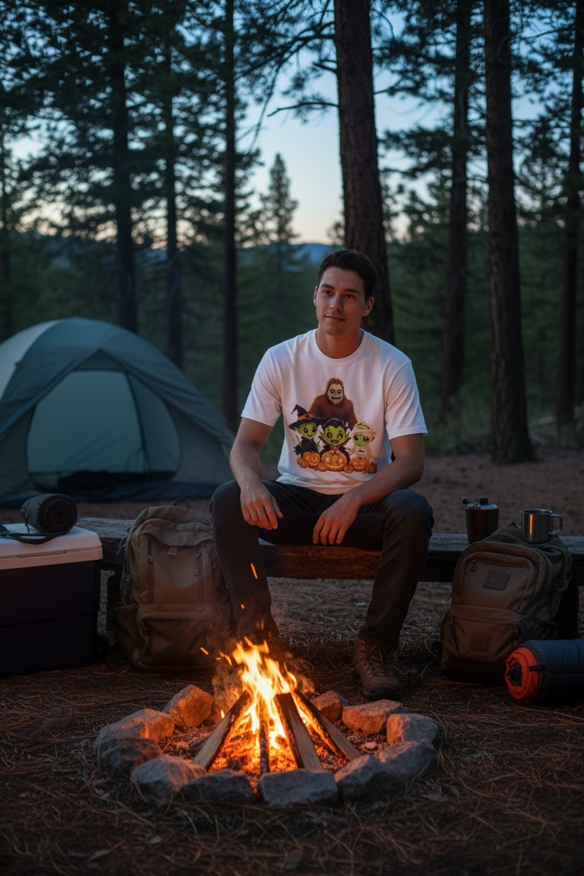 Sitting around campfire at dusk