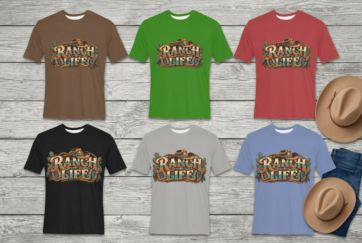 Six Ranch Life tees laid fully loose with straight hems and unrolled sleeves