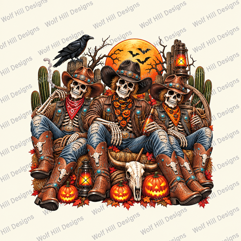 Skeleton cowboy Halloween artwork with repeated Wolf Hill Designs watermarks