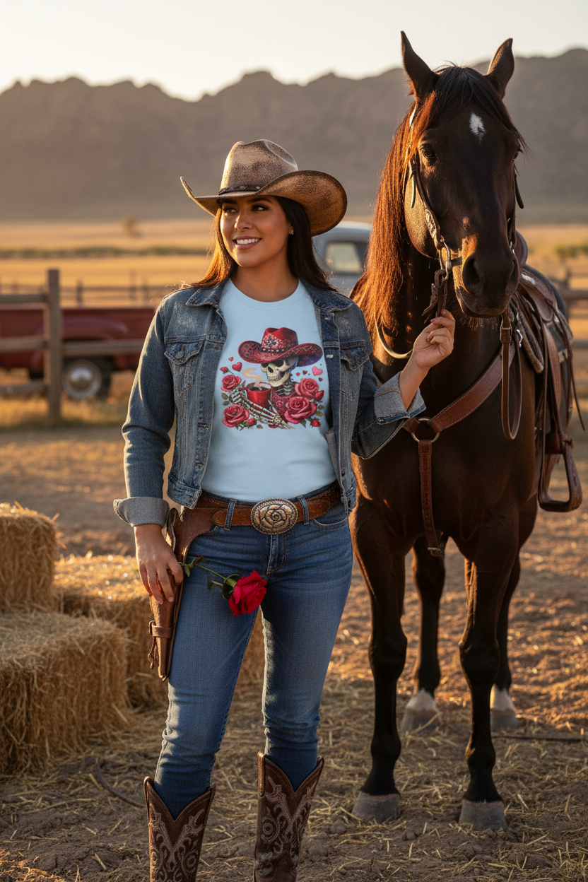 Skeleton Cowgirl Tee - Holding Rose with Horse
