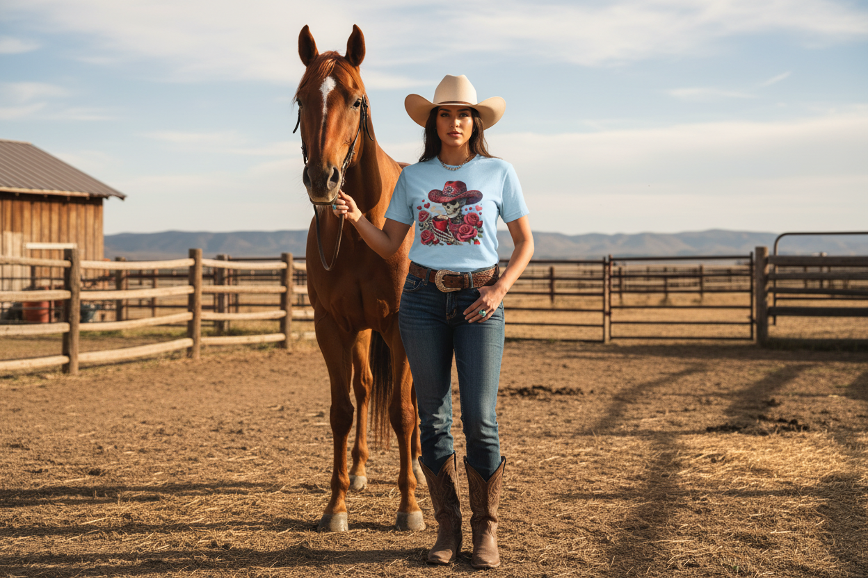 Skeleton Cowgirl Tee - Latina Cowgirl with Horse