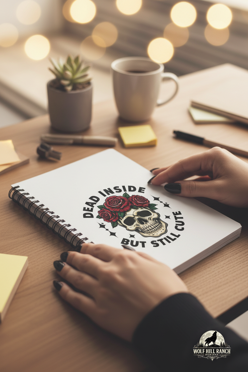 Skull Floral Notebook - Long Black Nails on Desk
