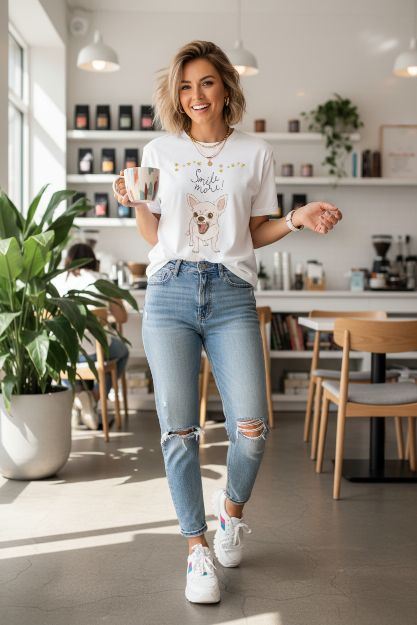 Smile More Chihuahua T-Shirt - Trendy Girl Mockup (No Dog)