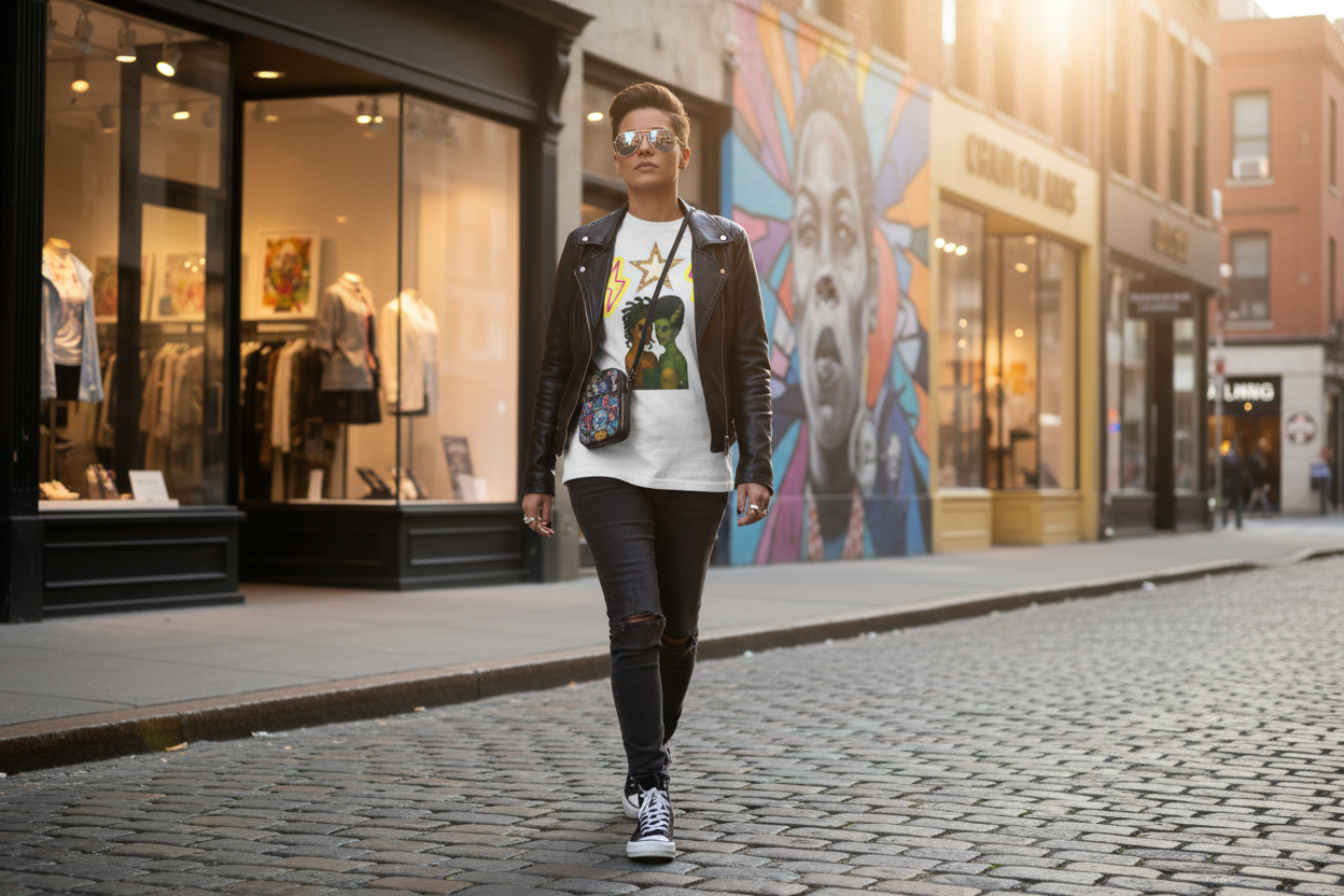 Sophisticated city street with boutiques and murals