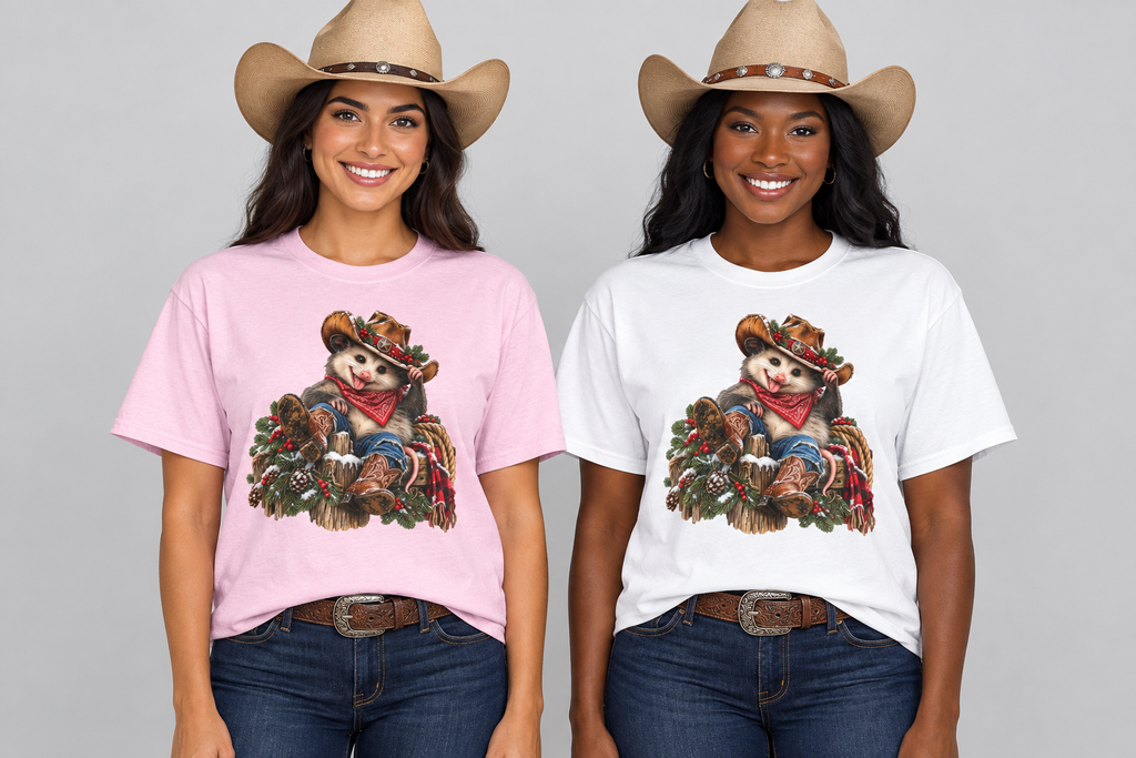 Spanish cowgirl in Light Pink and Black cowgirl in White wearing the hat-tipping Pete tee