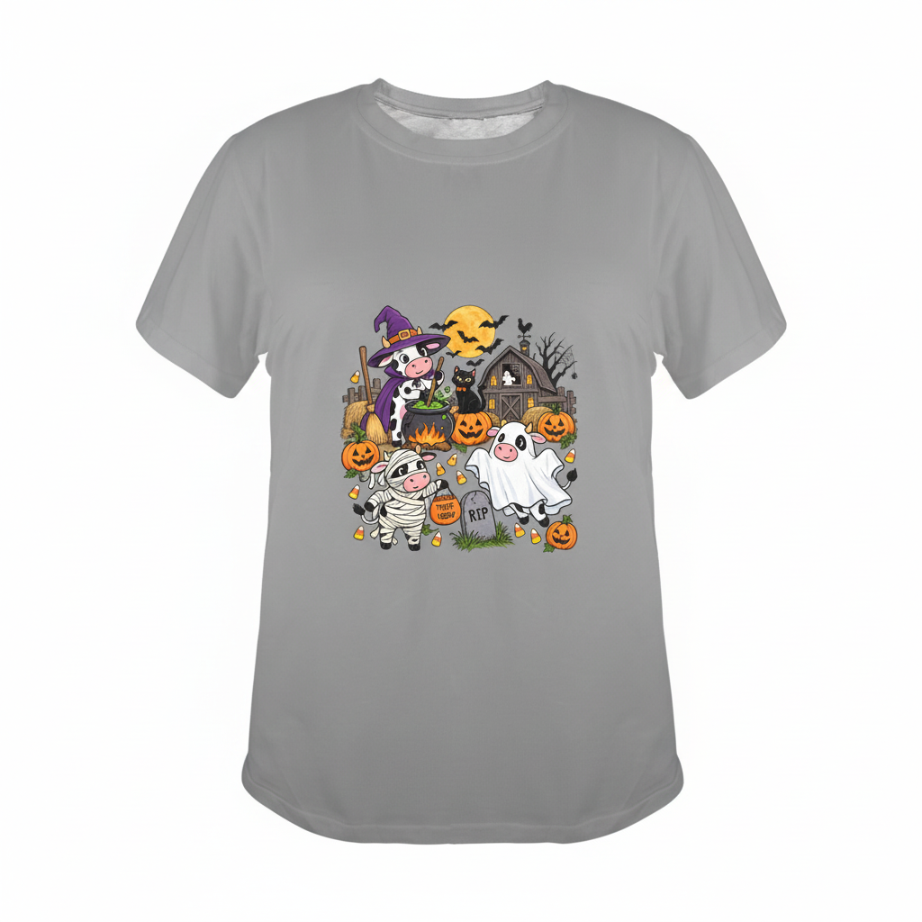 Spooky Farm Halloween Cows T-Shirt Flat Lay