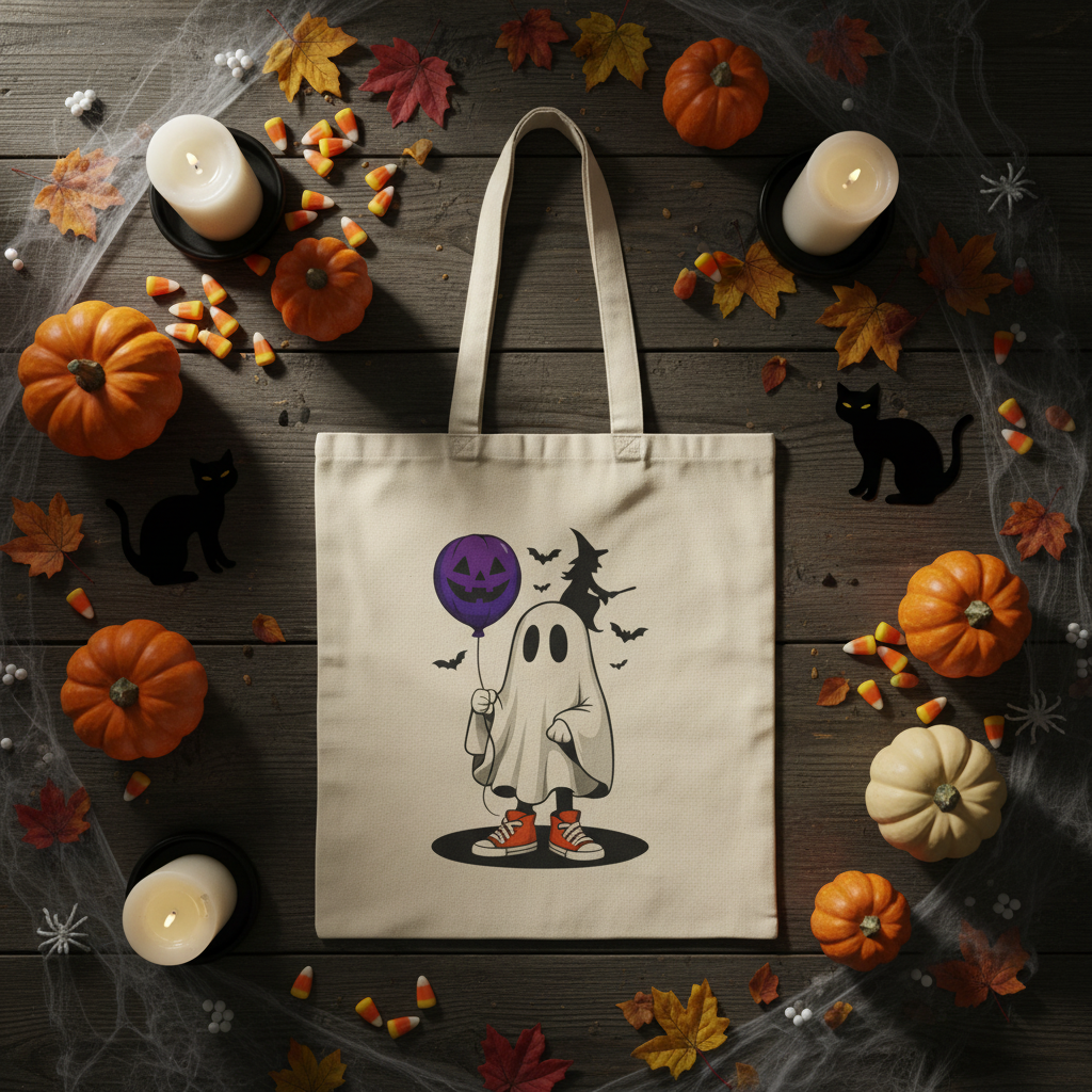 Spooky flat lay with Halloween candy and decorations