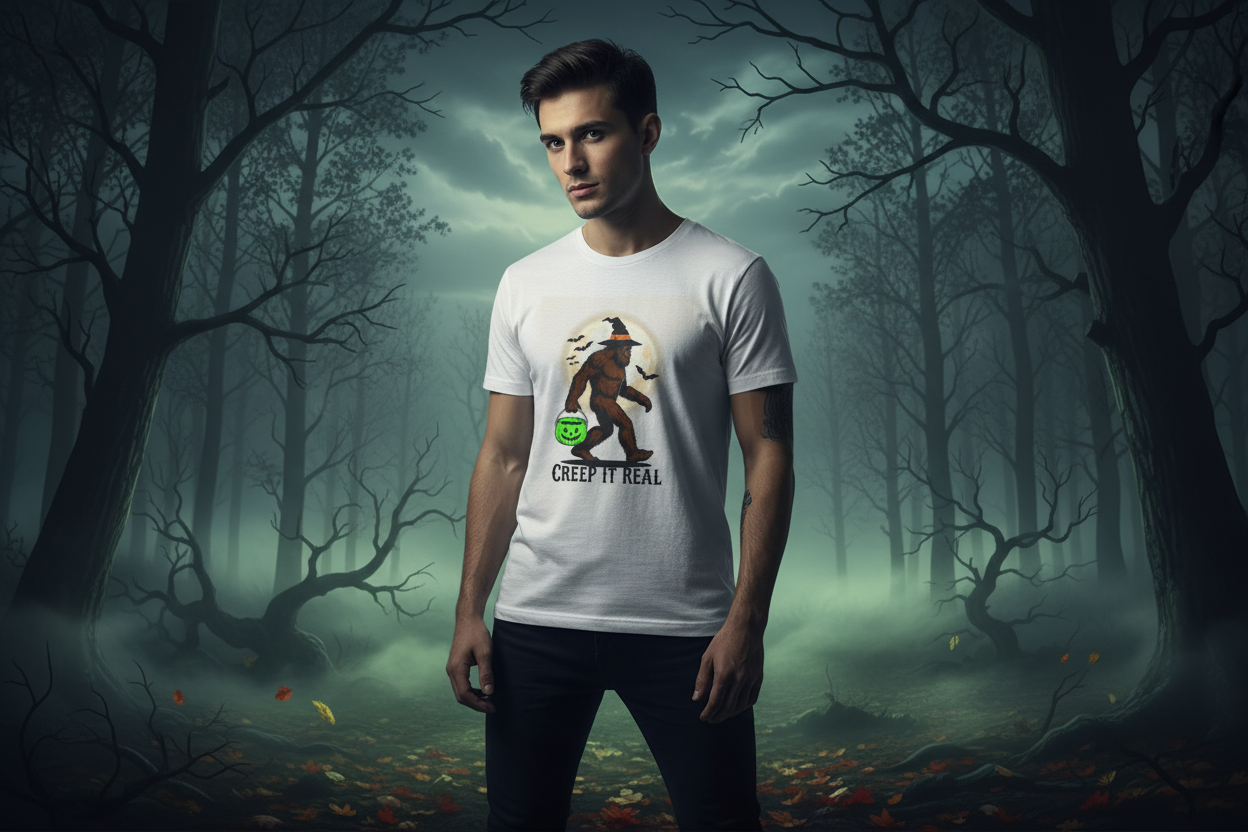 Spooky forest at night with moonlight and fog