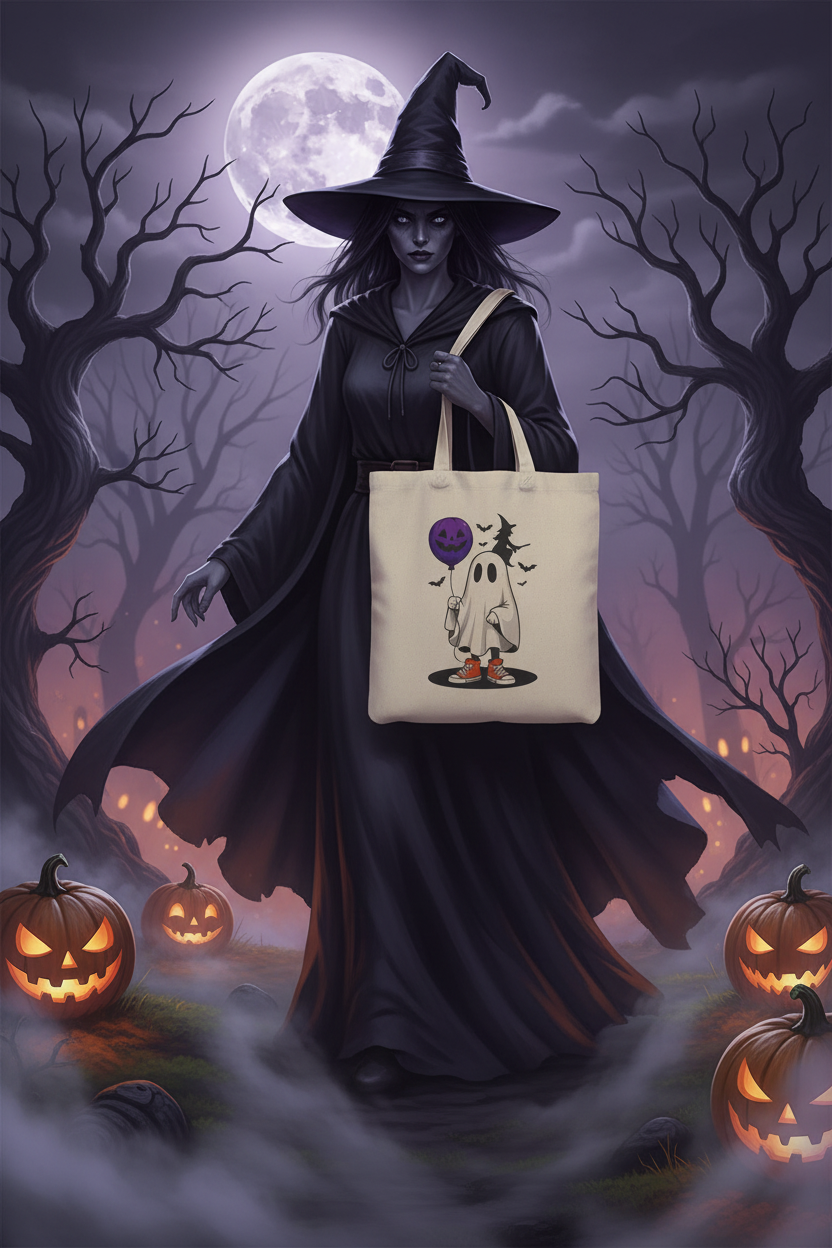 Spooky witch holding the ghost tote bag
