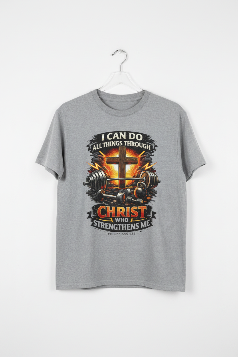 Sport grey Christian gym tee on hanger