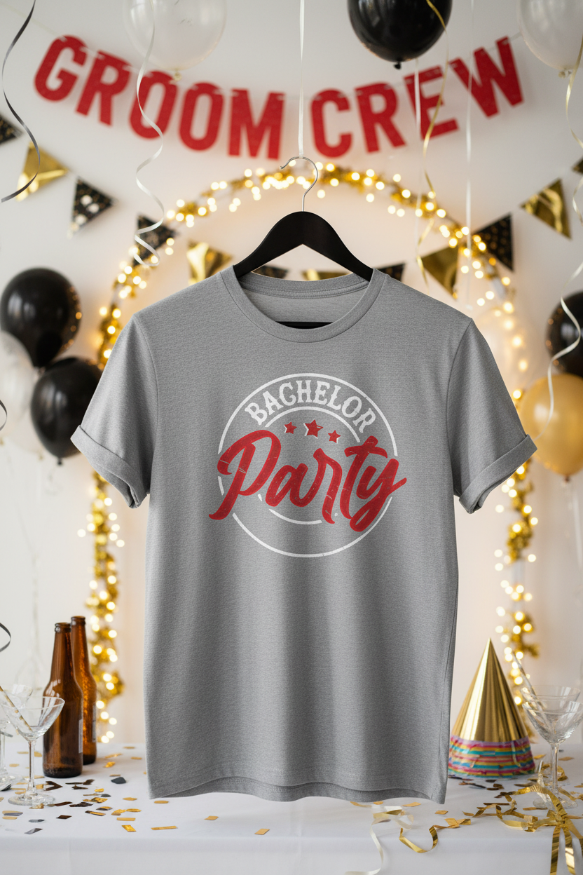 Sport grey vintage retro groom crew tee on hanger in party room