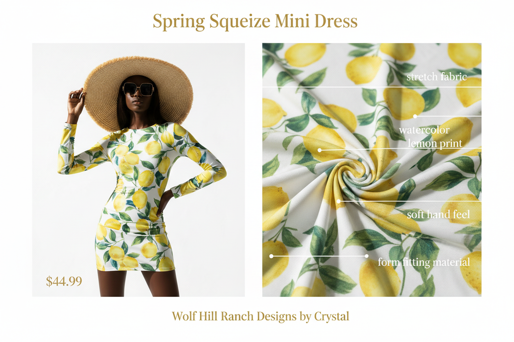 Spring Squeeze Mini Dress — Fabric & Model Detail Sheet