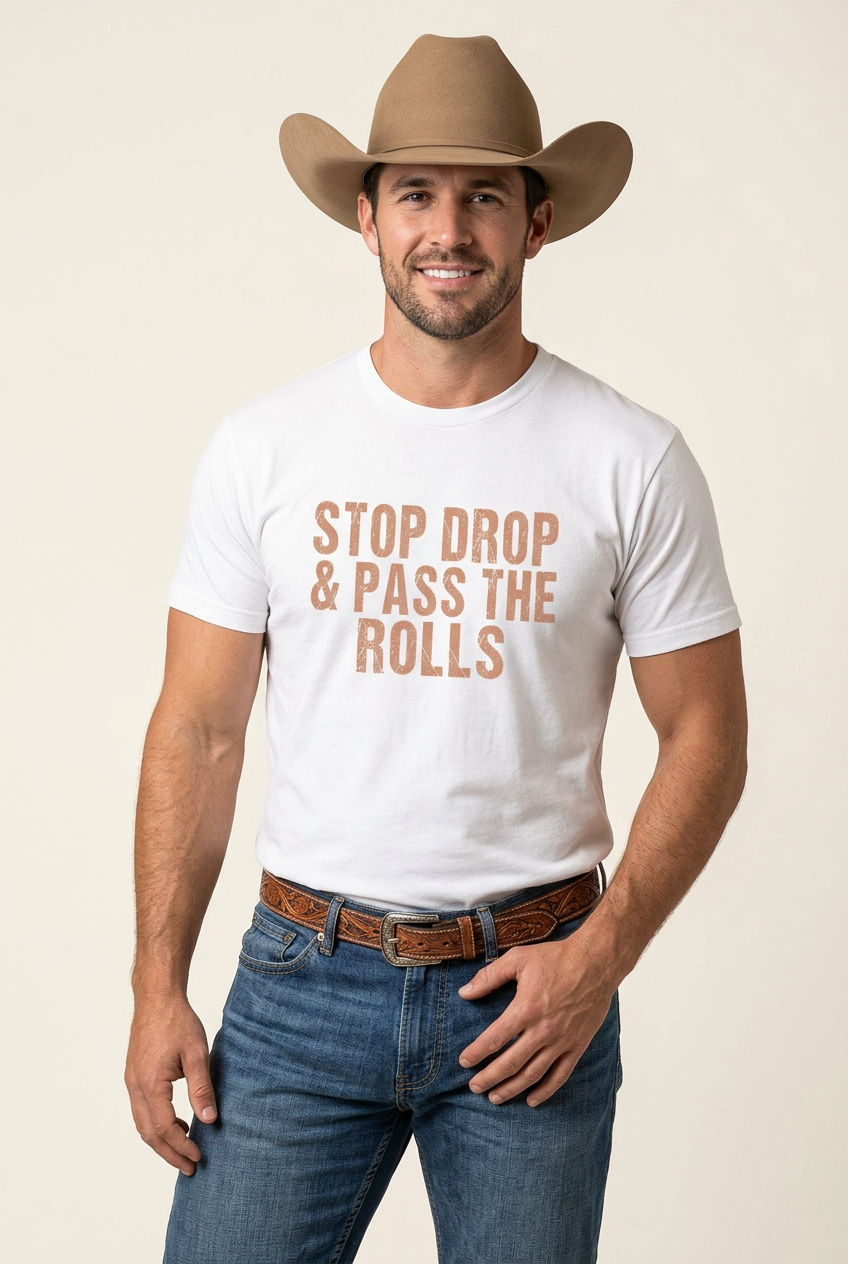 Stop Drop and Pass the Rolls white tee, relaxed belt pose