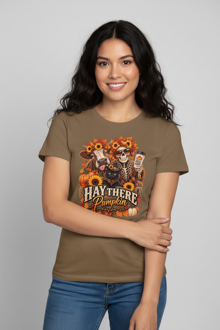 Studio mockup of a Latina model wearing the saddle brown Hay There Pumpkin tee
