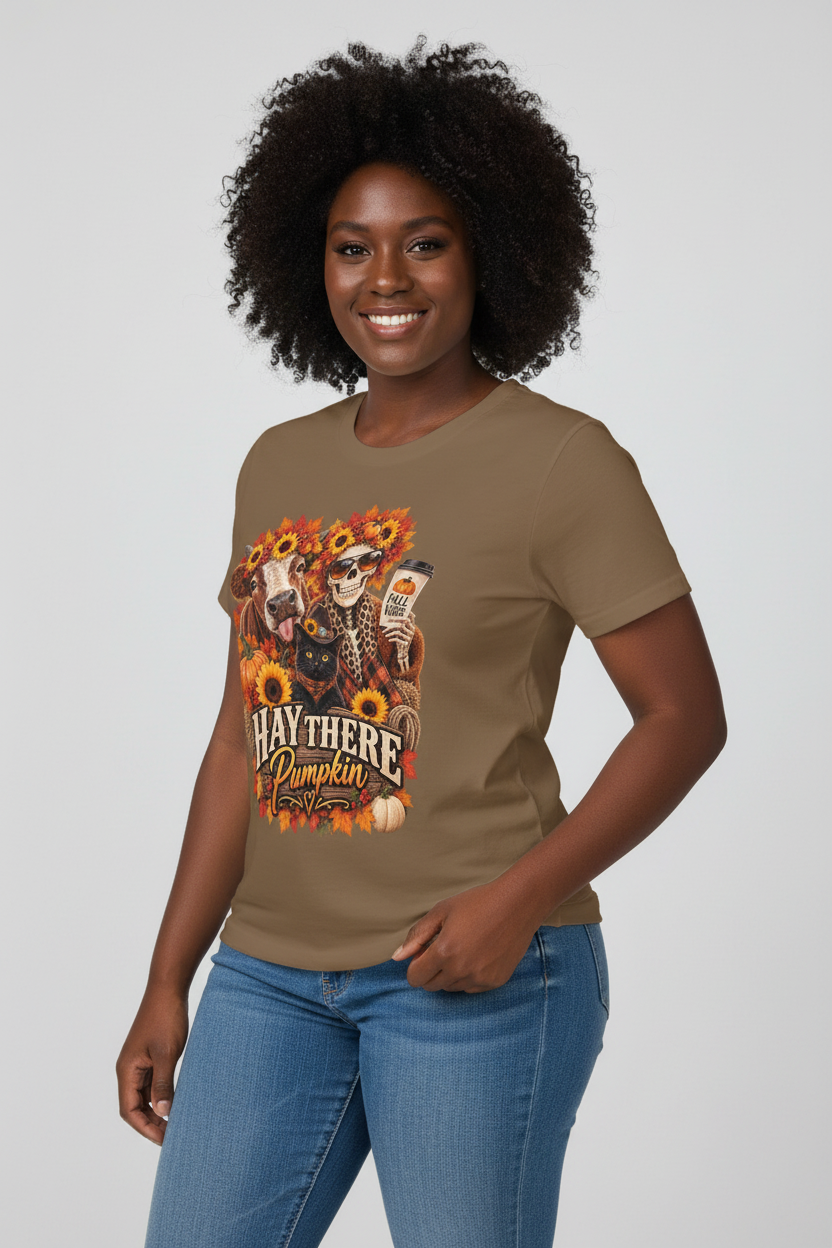 Studio mockup of a plus size Black model wearing the saddle brown Hay There Pumpkin tee