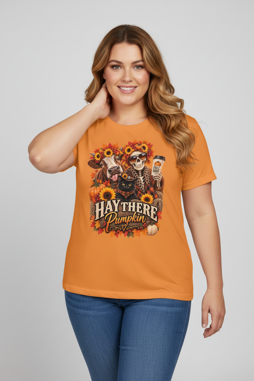 Studio mockup of a plus size model wearing the pumpkin orange Hay There Pumpkin tee