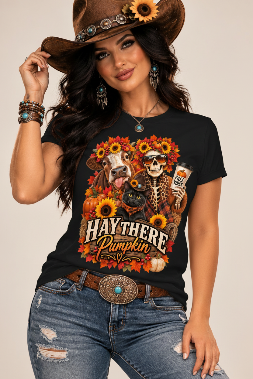 Studio mockup of the model wearing the black Hay There Pumpkin tee