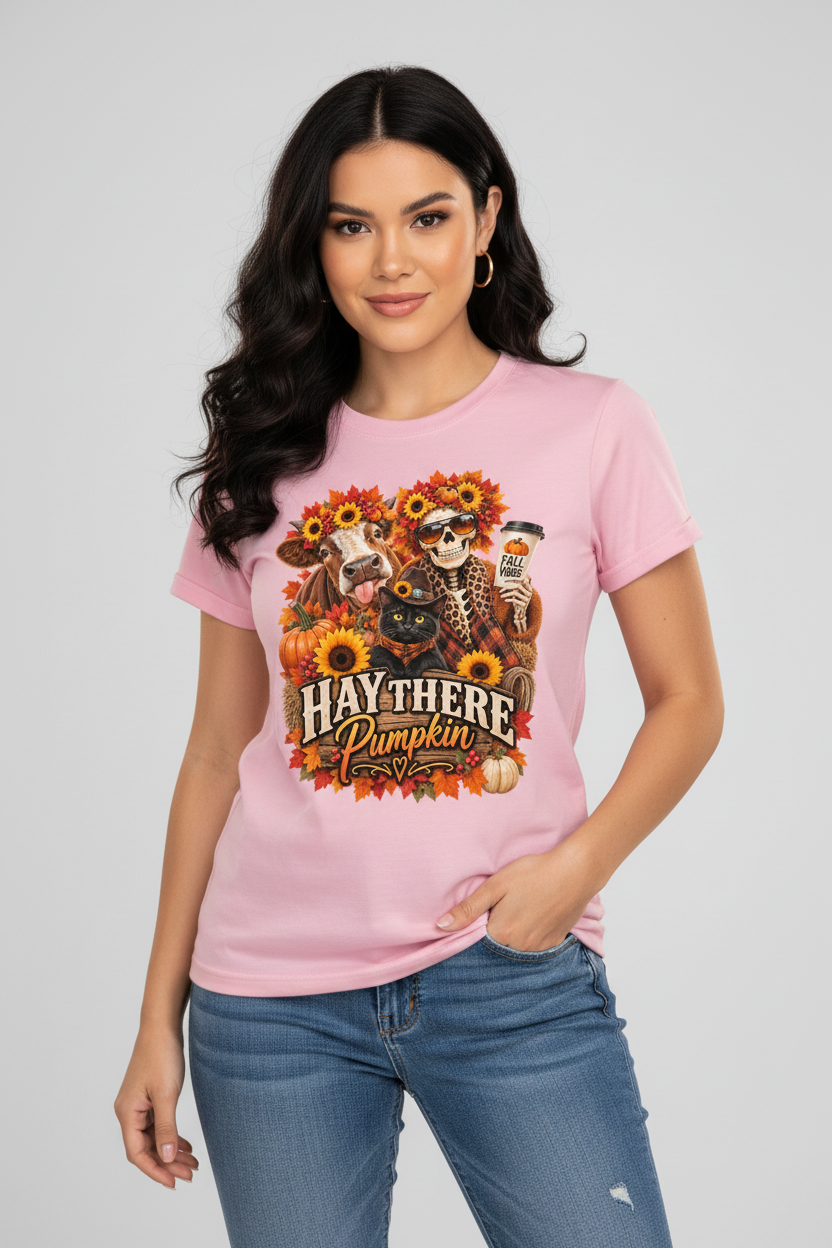 Studio mockup of the model wearing the pink Hay There Pumpkin tee