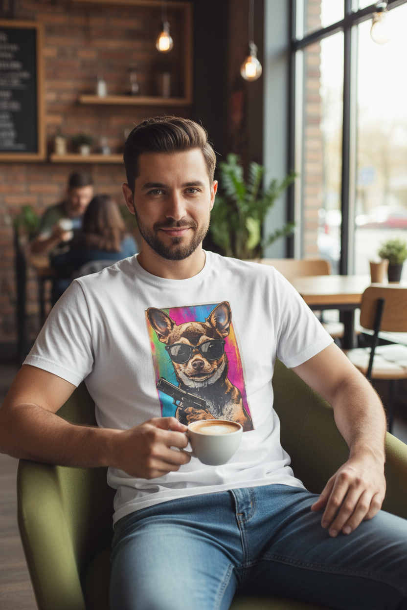 Stylish Chihuahua Graphic Tee - Man Wearing Mockup
