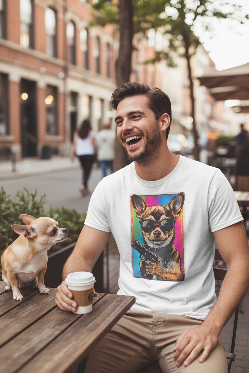 Stylish Chihuahua Graphic Tee - Man Wearing Mockup