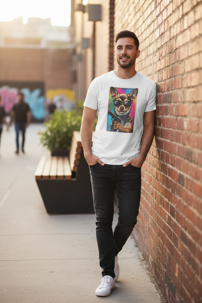 Stylish Chihuahua Graphic Tee - Man Wearing Mockup