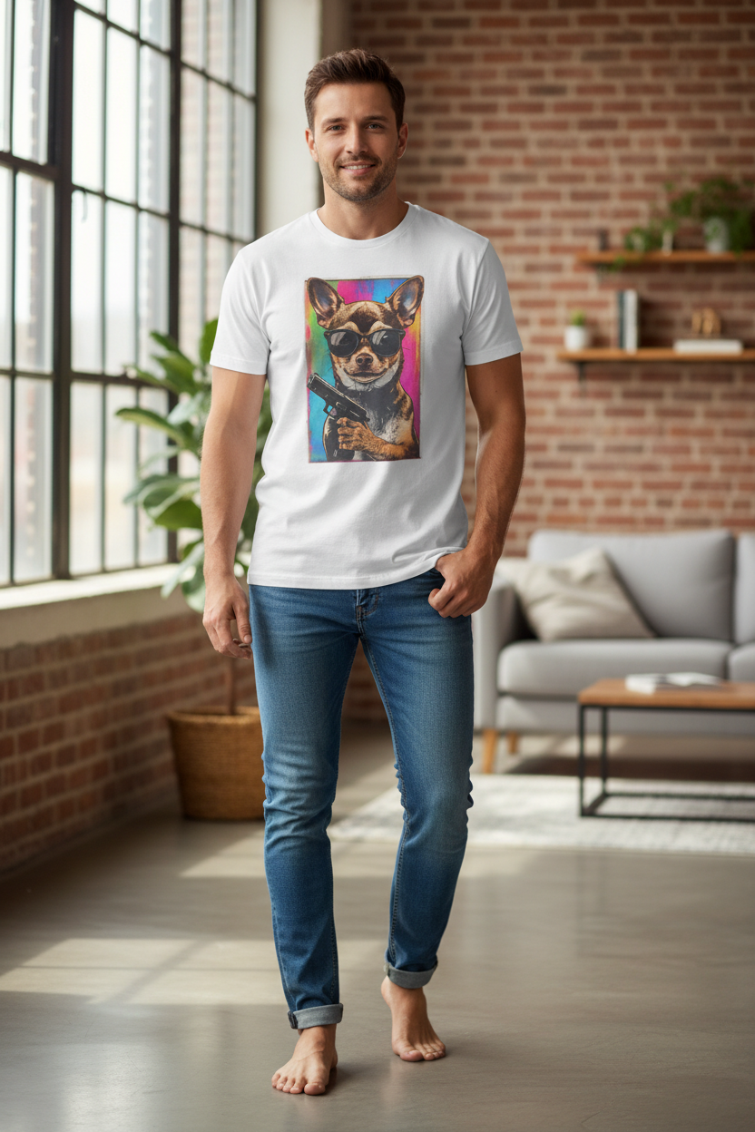Stylish Chihuahua Graphic Tee with Jeans Mockup