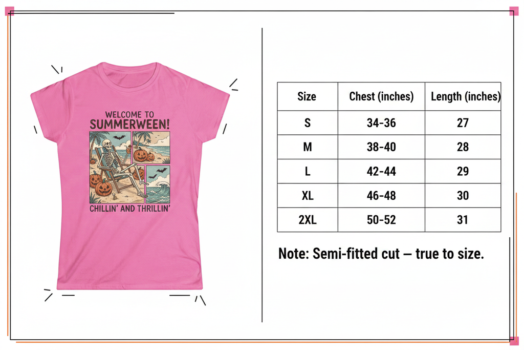 Summerween Skeleton Tee - Size Chart with Azalea Tee