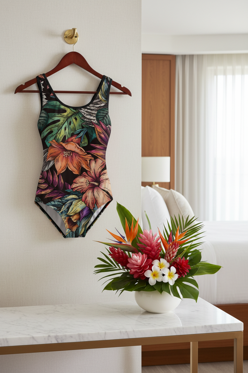 Swimsuit on Hanger in Luxury Hotel Room with Flowers