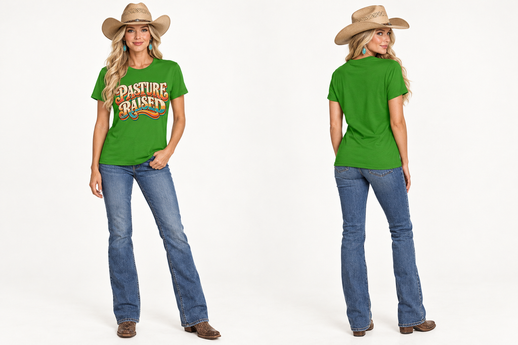 Tall blonde cowgirl modeling the green Pasture Raised tee, front and back under clean studio lighting