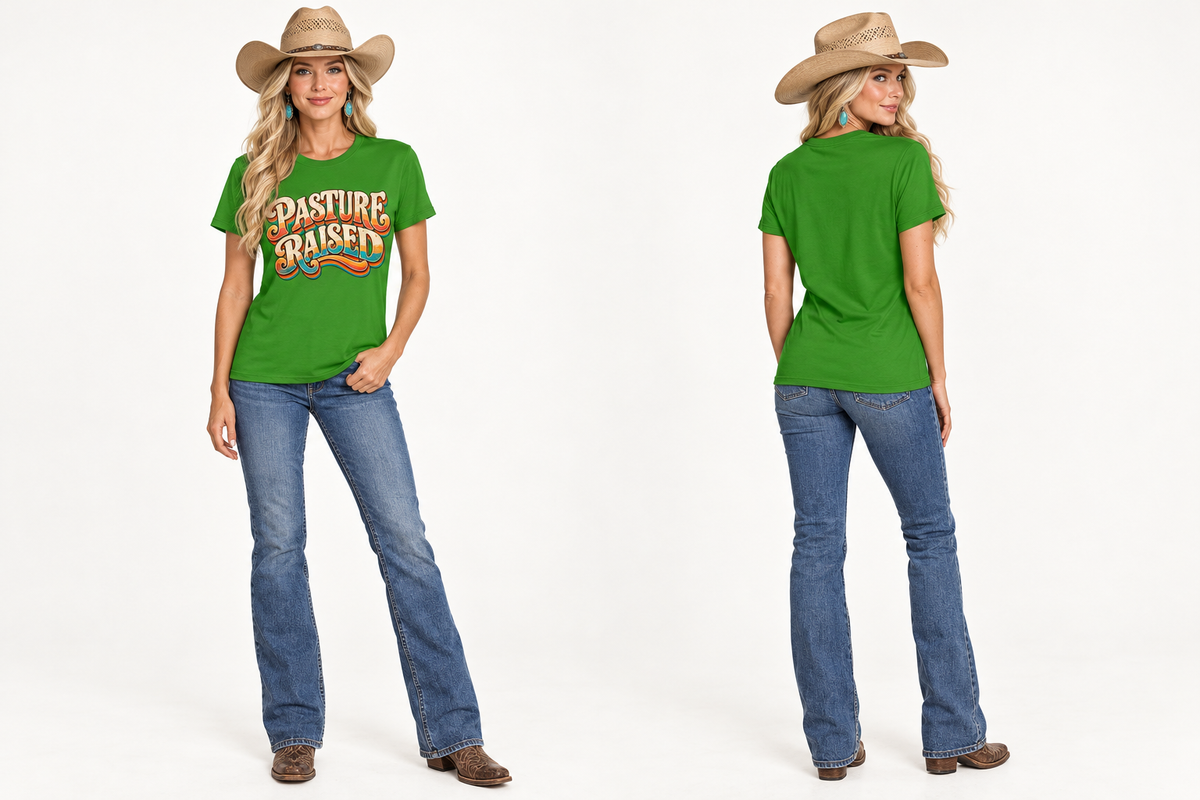 Tall blonde cowgirl modeling the green Pasture Raised tee, front and back under clean studio lighting