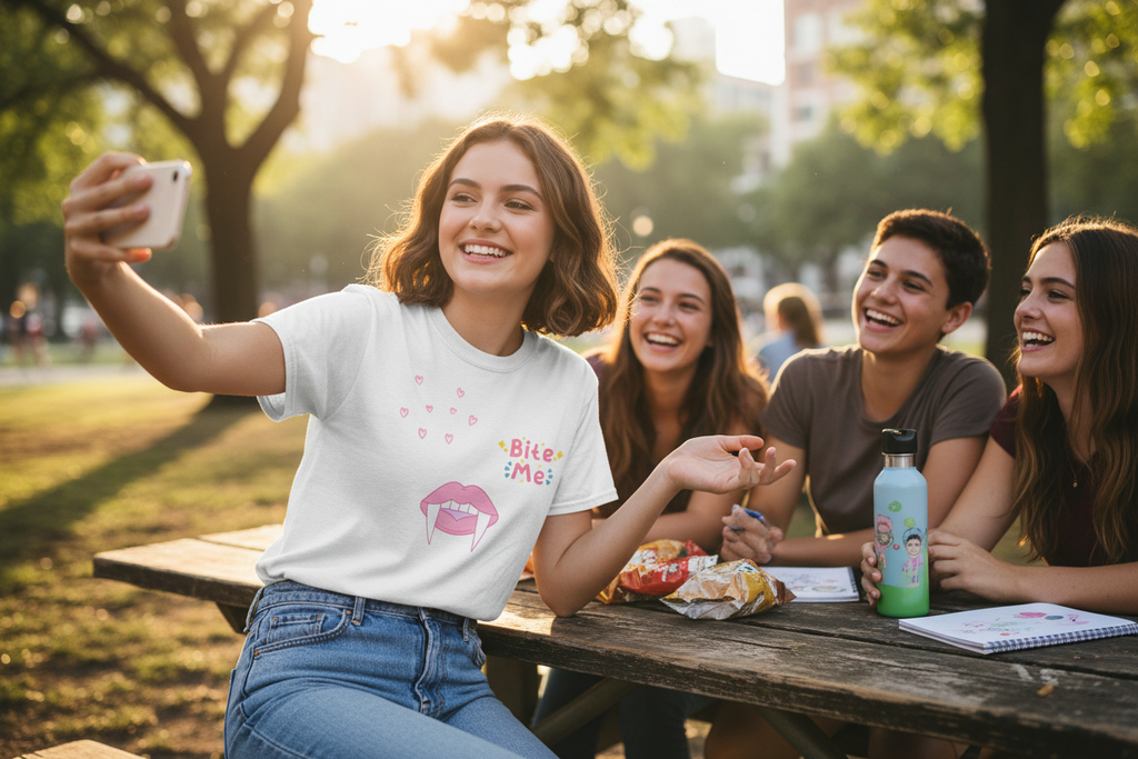Teen girl with friends at park or outdoor gathering
