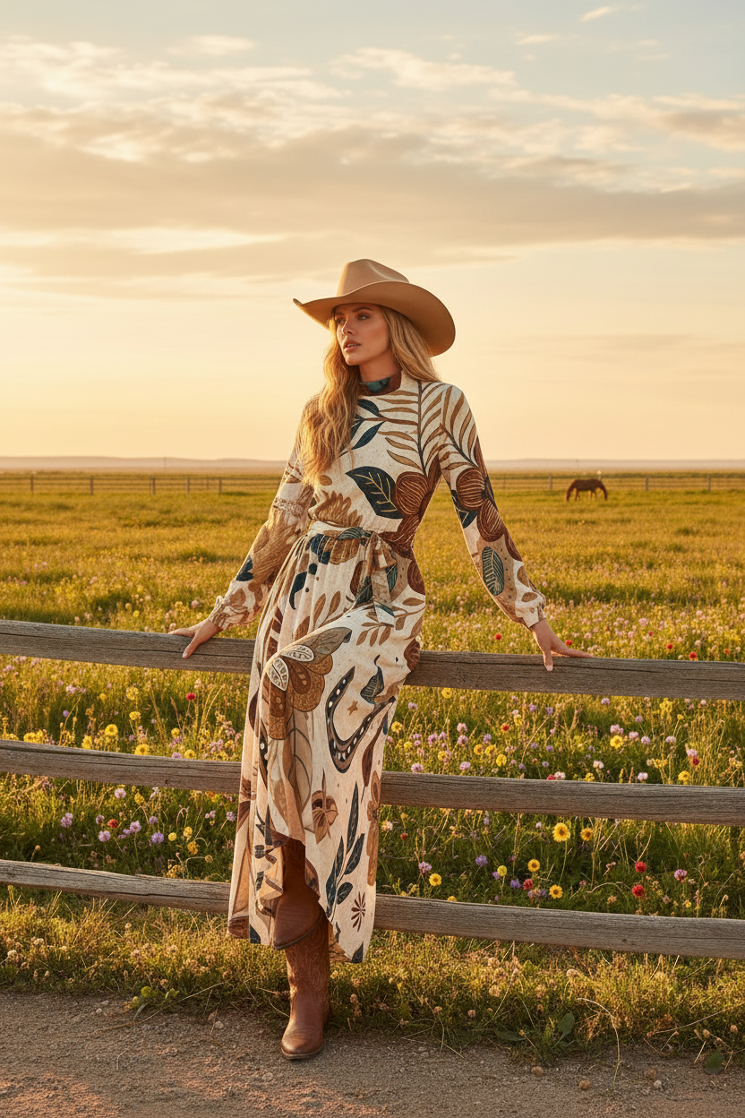 The Cowgirl Sweetheart Dress Fence Pose With Horses