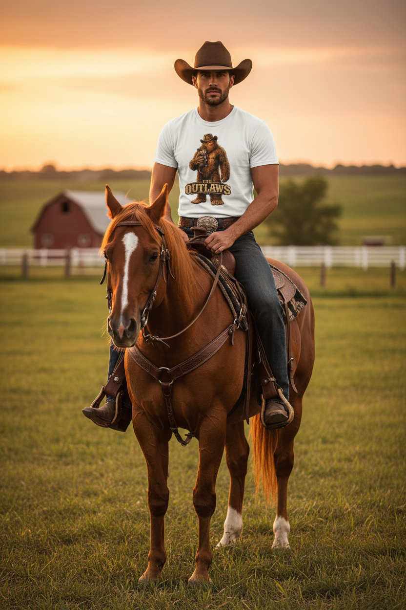 The Outlaws — Cowboy on Horse in White
