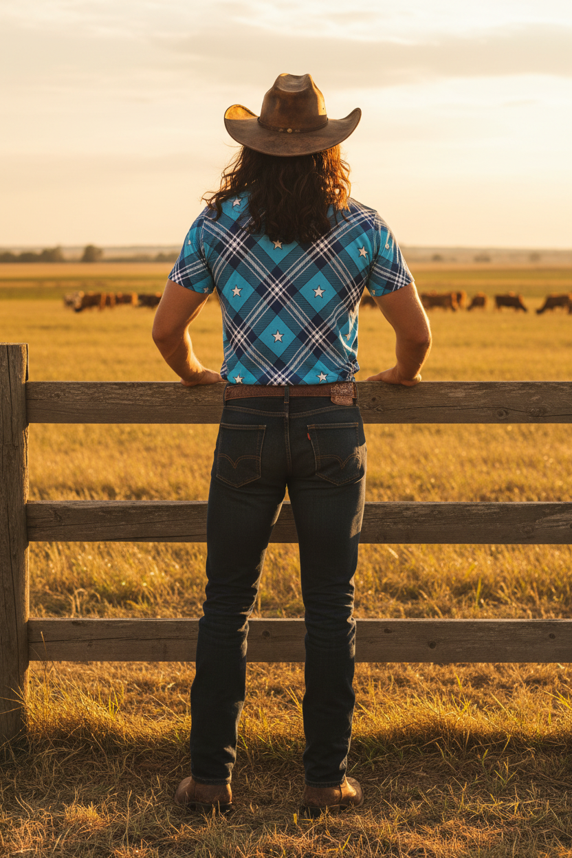 The Ranch Star Tee — Back View Looking at Cattle