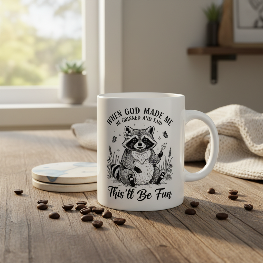 This'll Be Fun Raccoon Mug Display