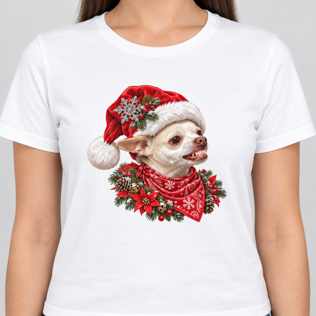 Tight centered close-up of Coco’s Christmas artwork on the black tee