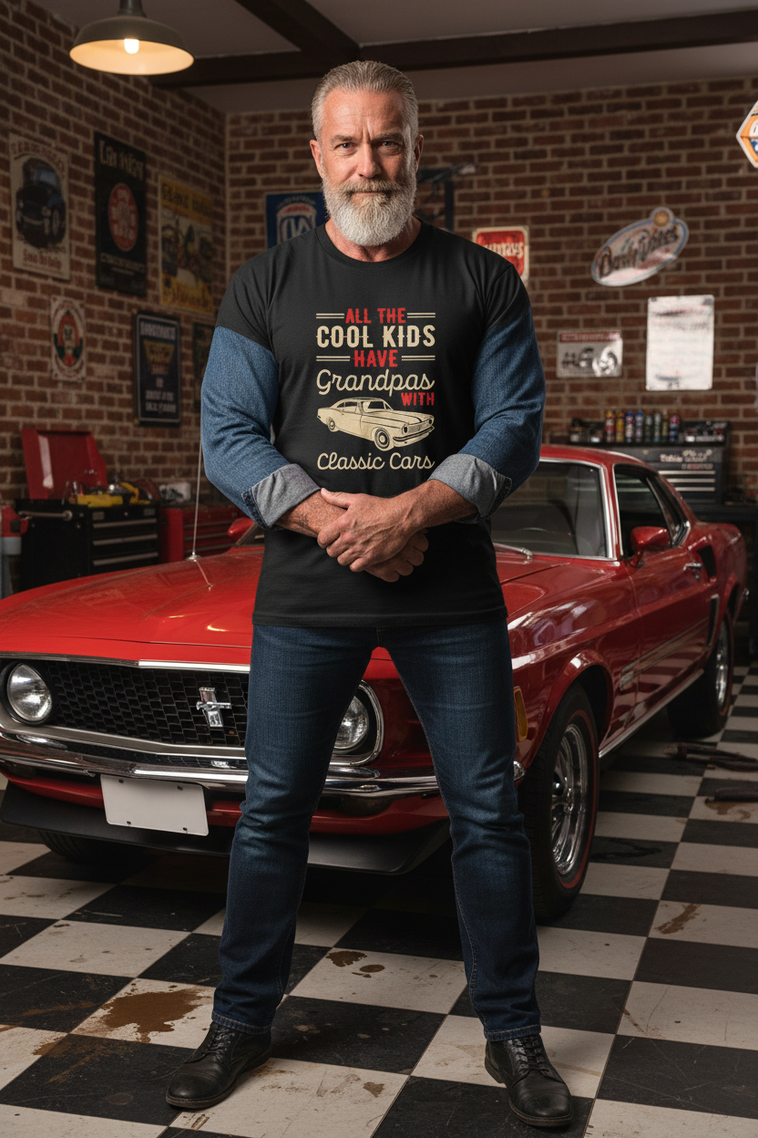 Tough grandpa with muscle car